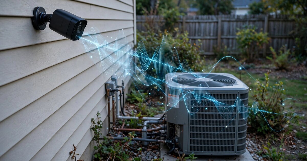 Outdoor security camera near residential HVAC condenser with acoustic waveform visualization