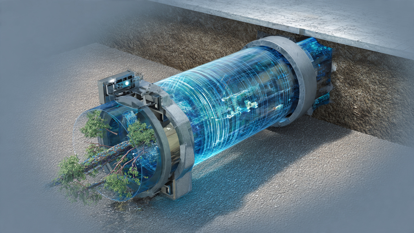 Cross-section of residential sewer pipe with acoustic sensor detecting tree root intrusion