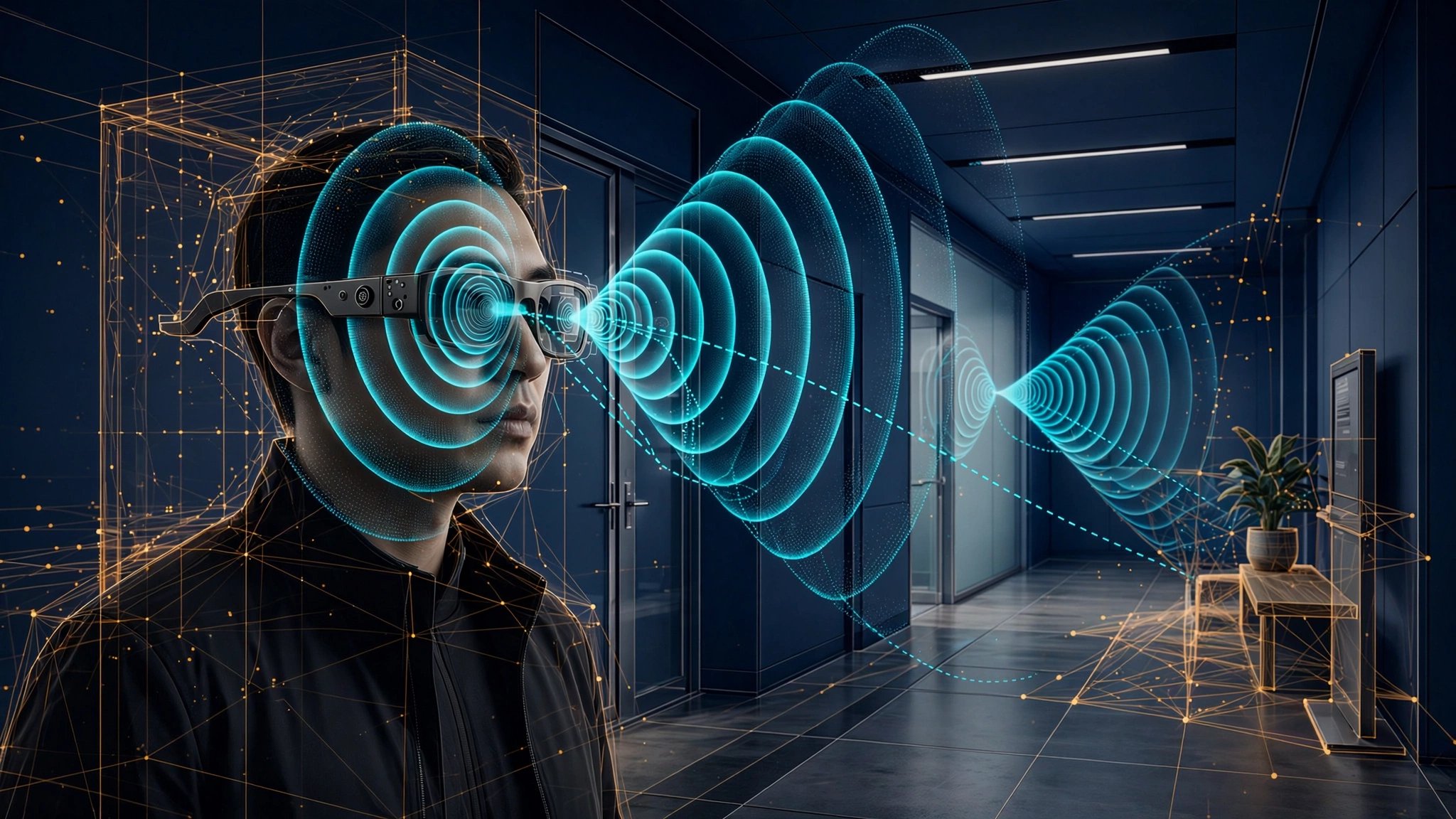 Smart glasses emitting acoustic waves for indoor spatial mapping with wireframe room geometry overlay