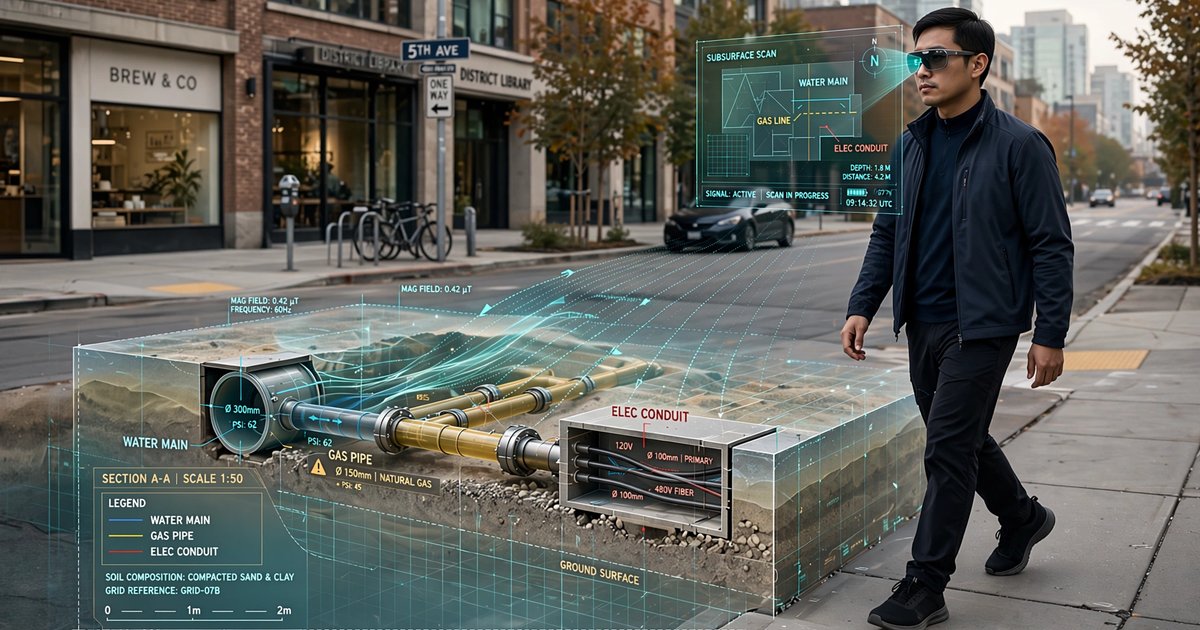 Person wearing smart glasses walking on sidewalk with translucent underground cross-section showing buried utility pipes and magnetic field anomaly visualization