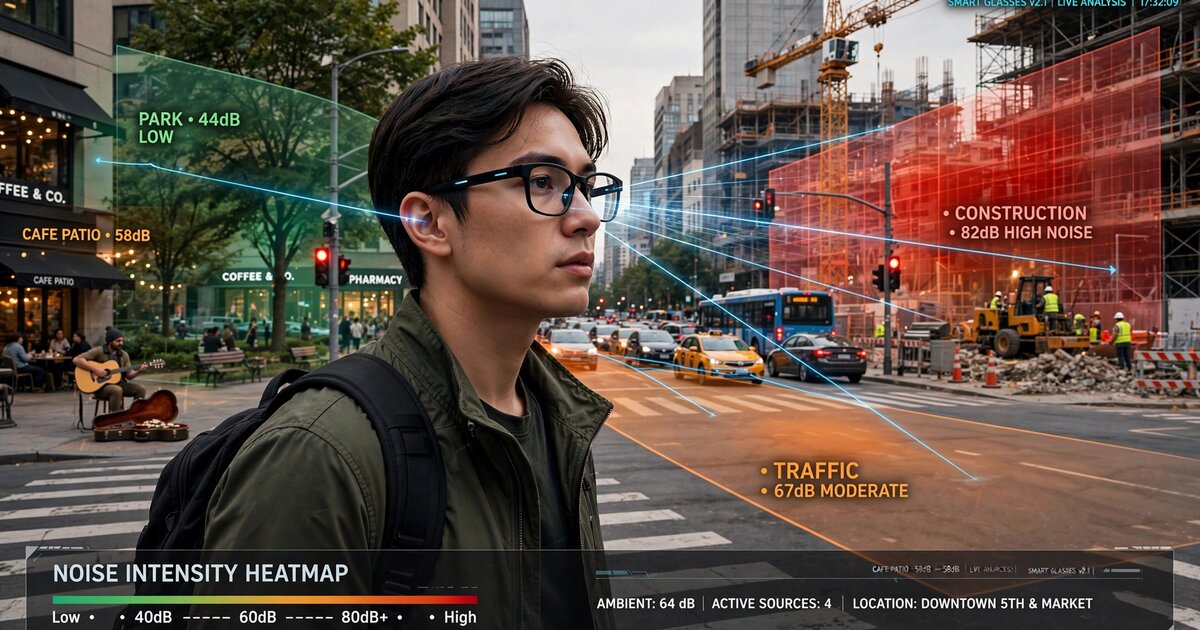 Smart glasses wearer on urban street with overlaid noise heatmap showing source-attributed sound levels