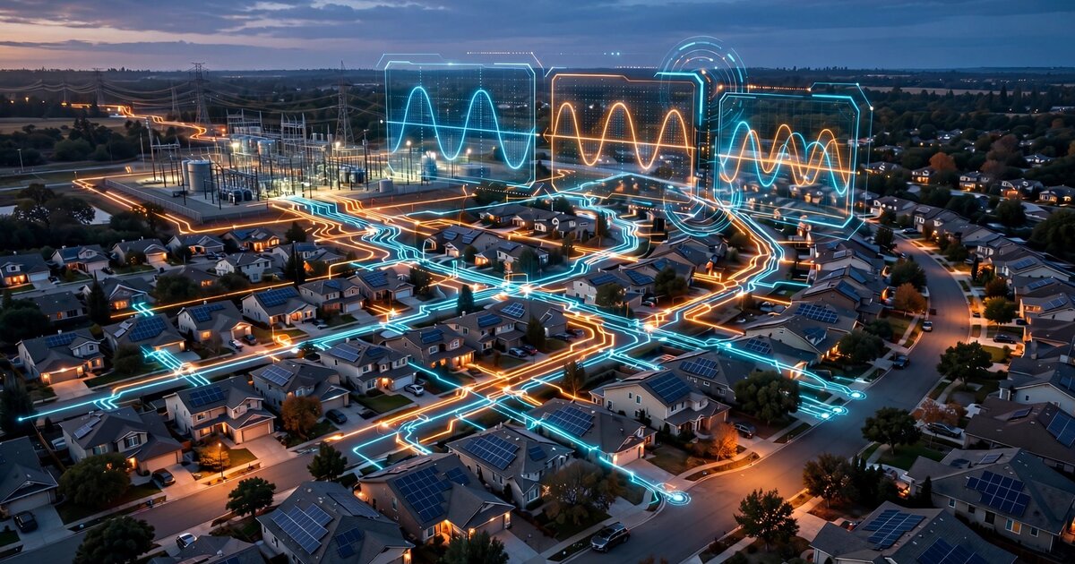 Residential neighborhood with rooftop solar panels connected by glowing voltage phase angle correlation lines overlaid on a distribution grid schematic