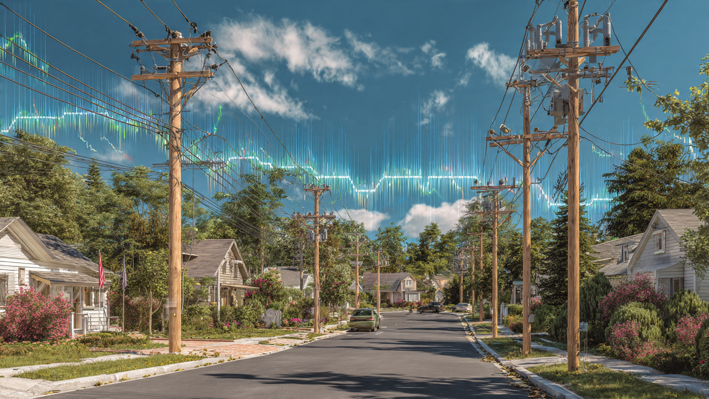 Residential street with pole-mounted distribution transformers and smart meters showing voltage harmonic analysis overlay