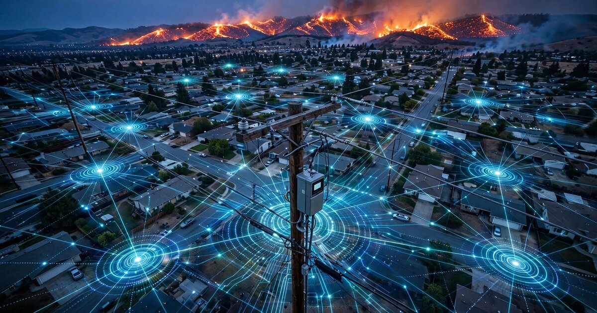 Smart meter network overlaid on wildfire perimeter map