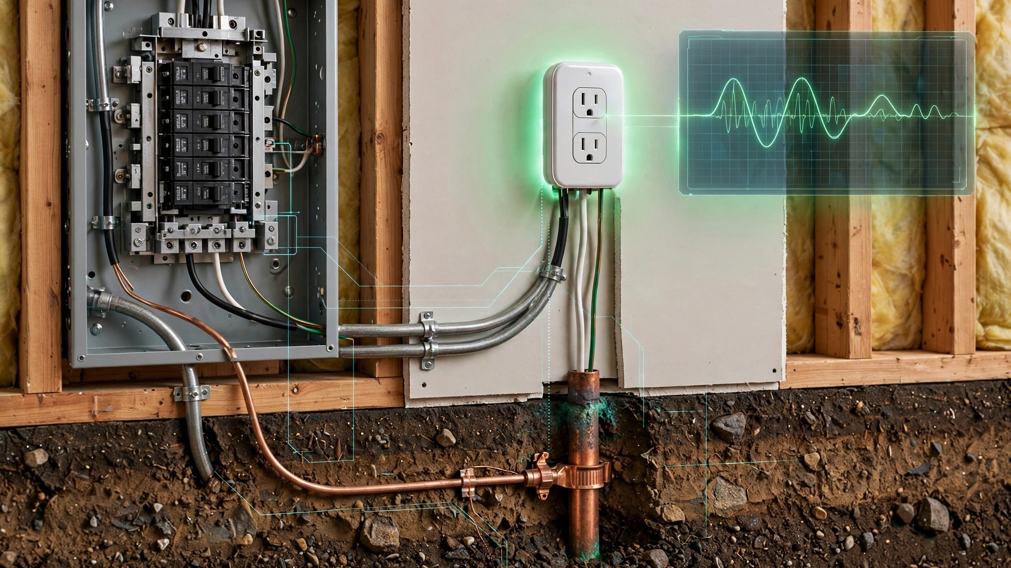 Cutaway view of residential electrical system showing smart outlet with grounding wire monitoring and oscilloscope waveform overlay