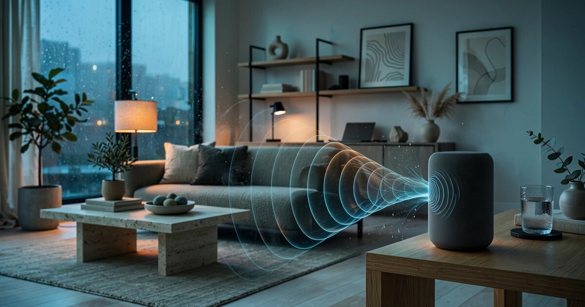 Smart speaker with acoustic wave visualization showing frequency-dependent air absorption for humidity sensing
