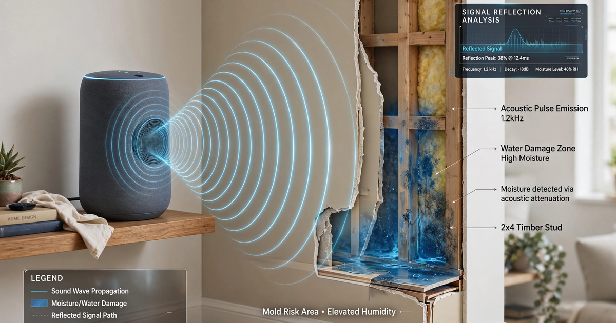 Smart speaker emitting acoustic waves to detect concealed moisture in building walls via impedance scanning