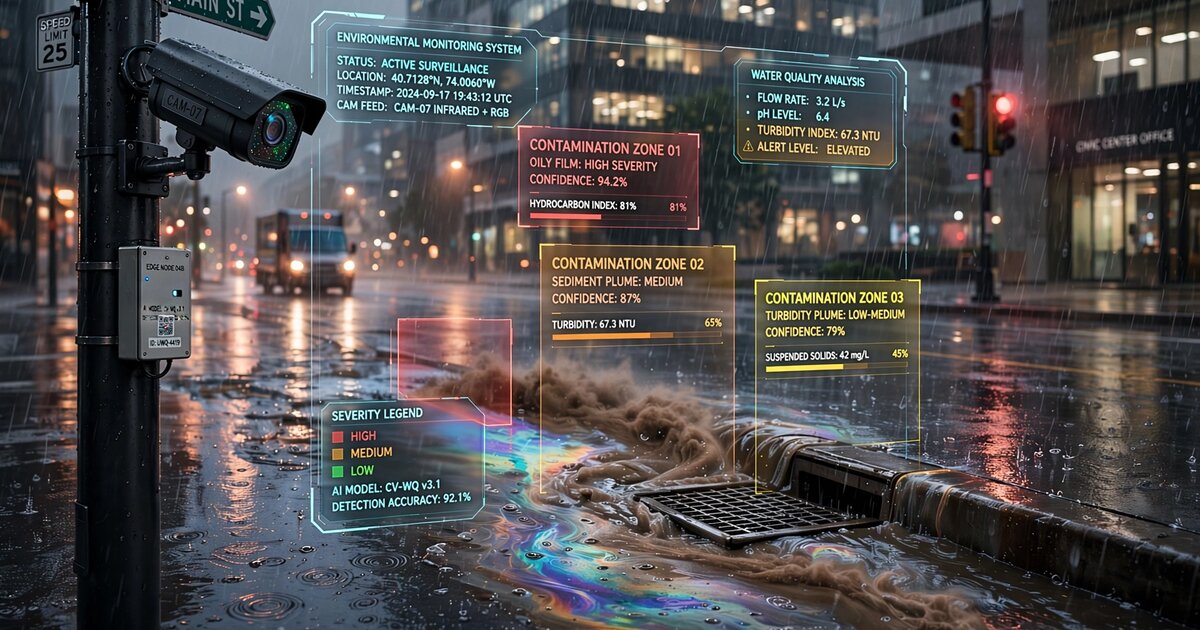 Surveillance camera monitoring stormwater runoff with computer vision contamination analysis overlay