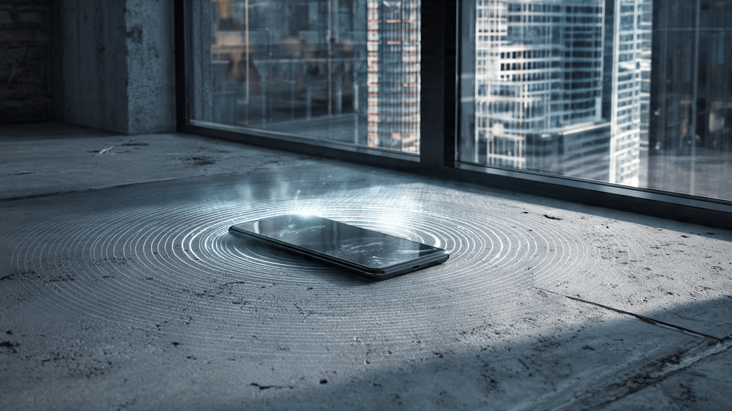 Smartphone placed on concrete bridge surface for vibration analysis