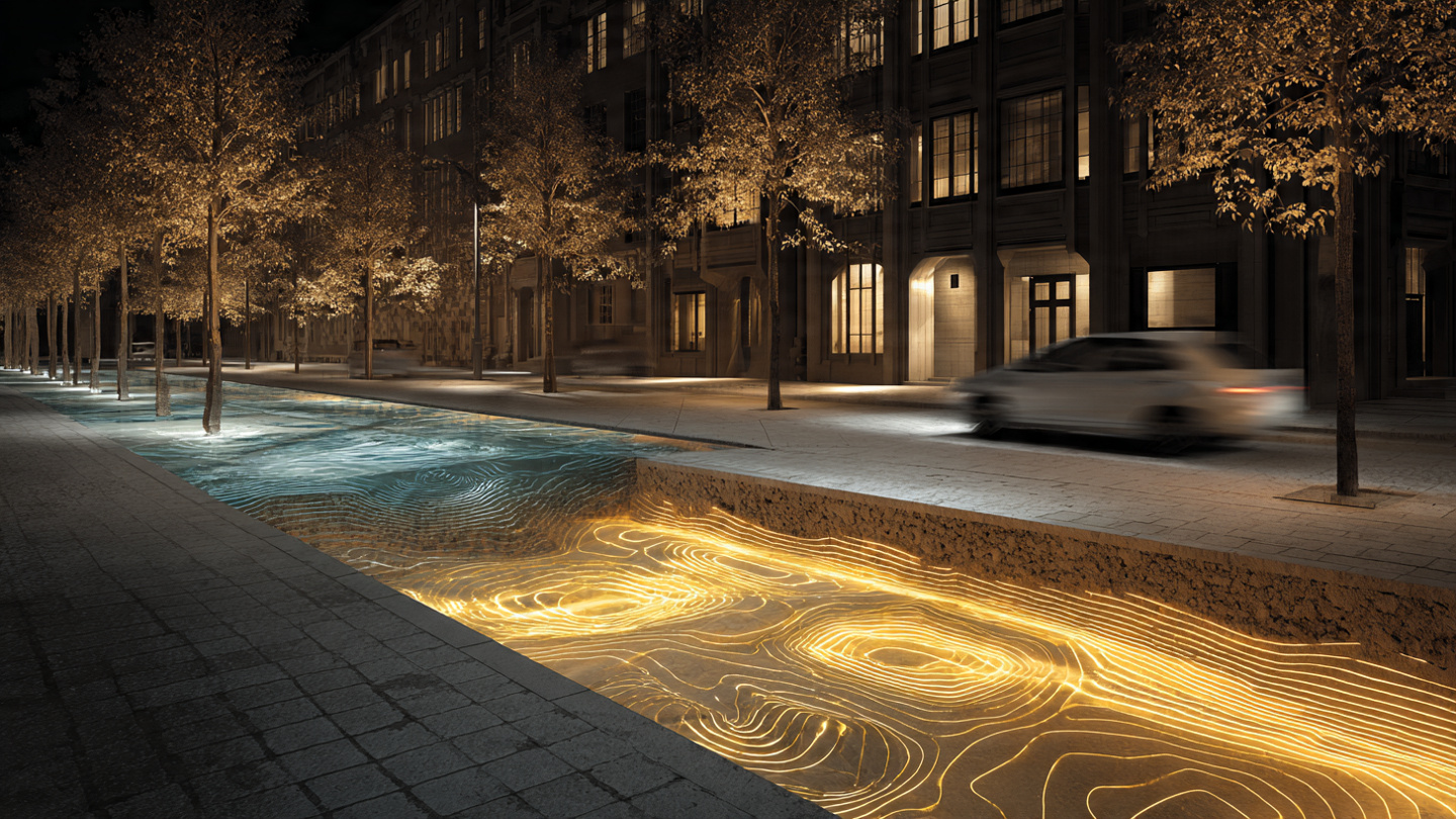 City bus with undercarriage sensor array driving over roadway with cross-section showing subsurface void