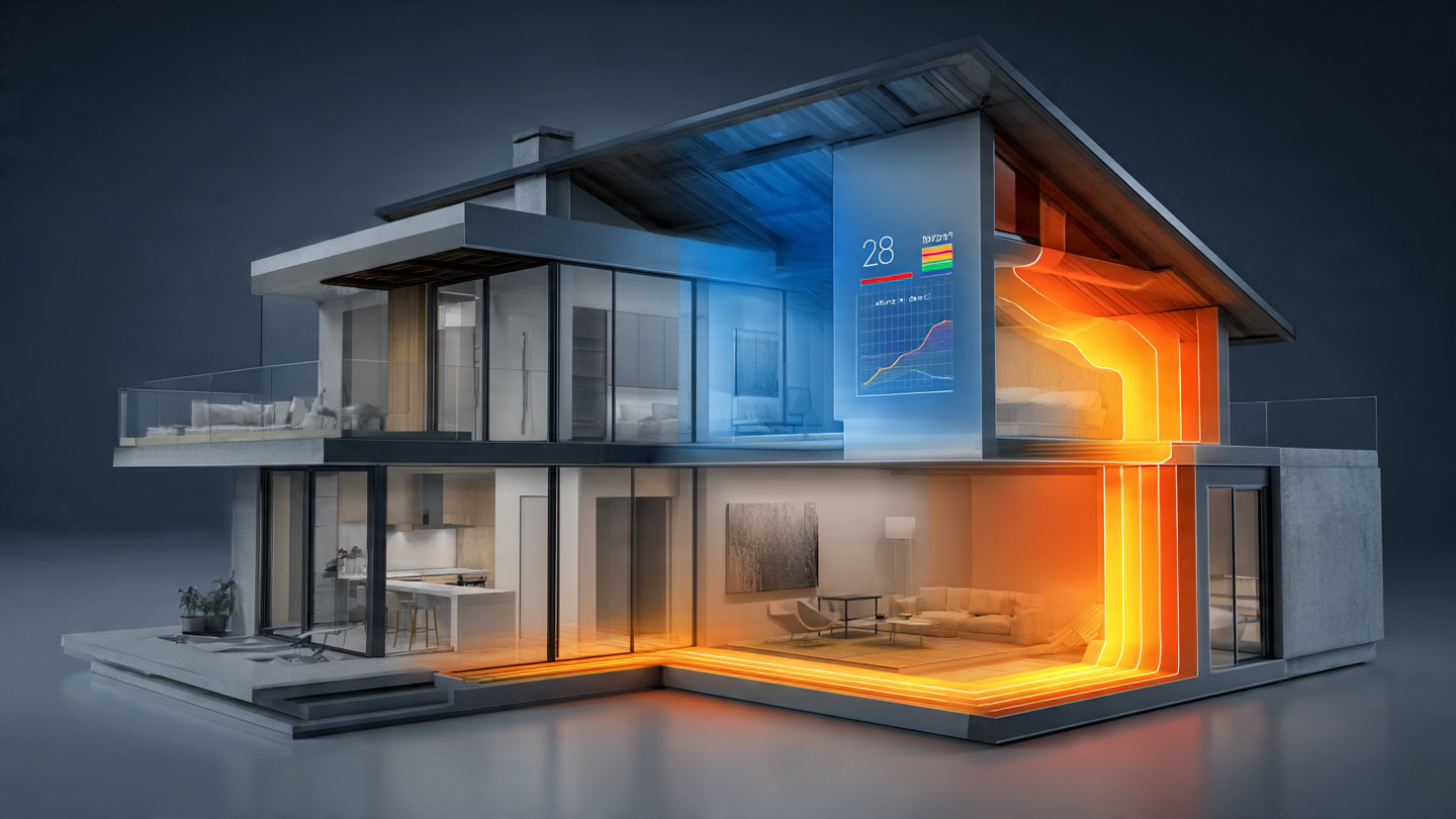 House cross-section showing thermal insulation layers with smart thermostat displaying temperature response curves