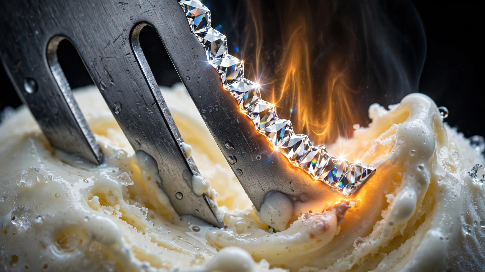 Macro view of a spork tip with a faceted diamond cutting edge slicing through ice cream