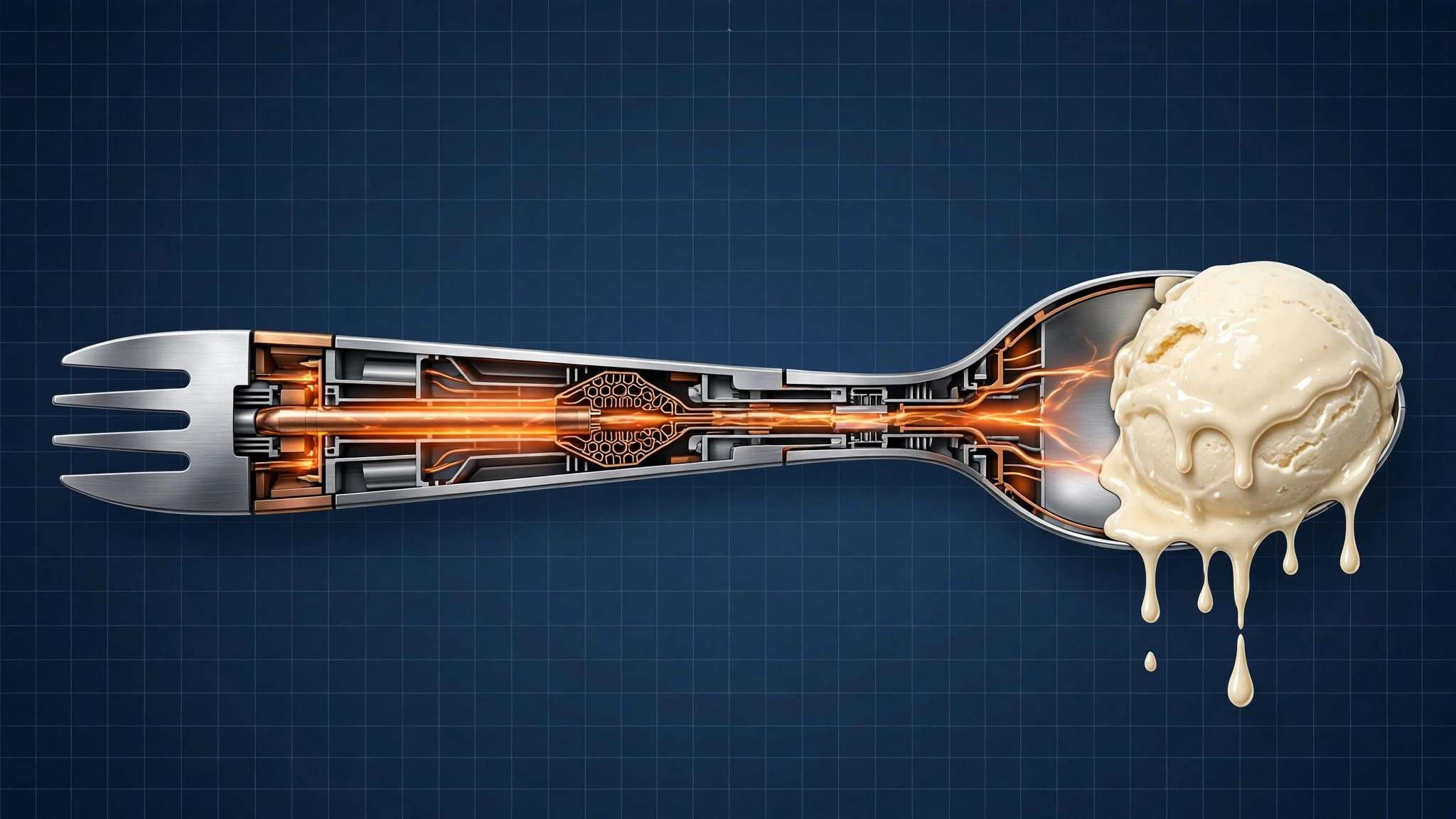 A metal spork with a glowing heat pipe in its handle lifting melting ice cream, engineering render