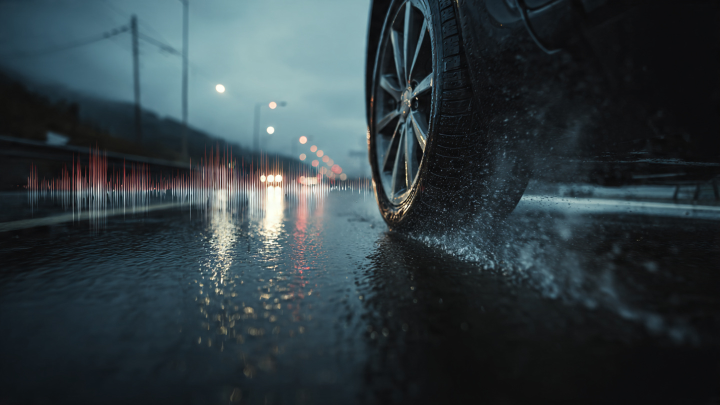 Vehicle tire on wet road surface with acoustic wave visualization and sensor data overlay