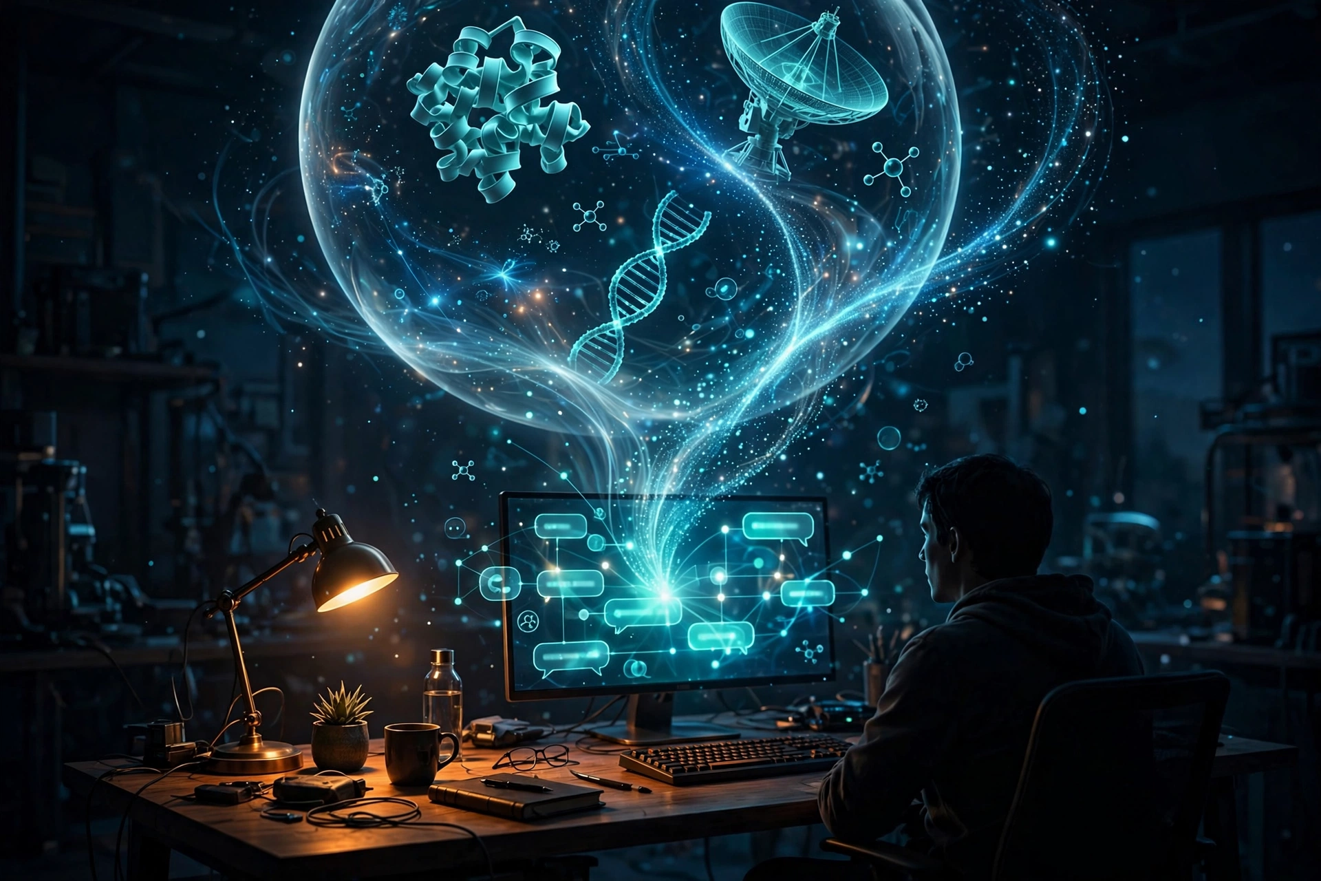 A person at a glowing desk monitor with luminous streams flowing from the screen into a globe of scientific icons