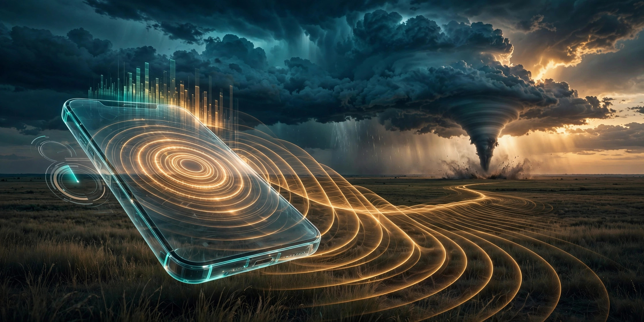 Smartphone detecting infrasound pressure waves radiating from a distant tornado across plains at dusk