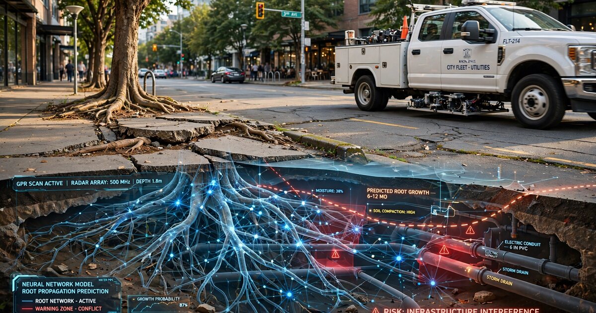 Fleet vehicle with ground-penetrating radar scanning tree root systems near urban infrastructure