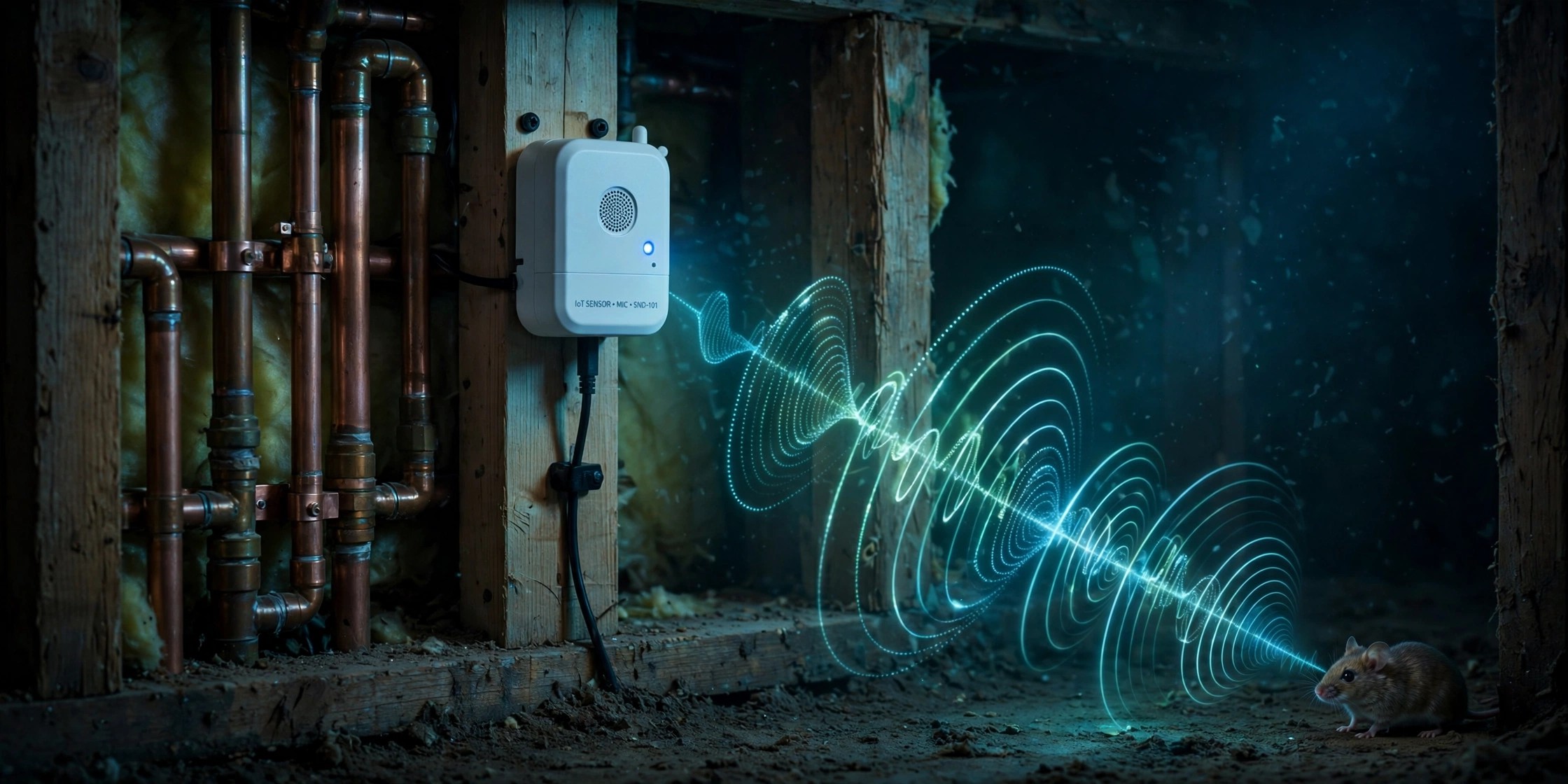 Ultrasonic microphone sensor array mounted in wall cavity for rodent detection