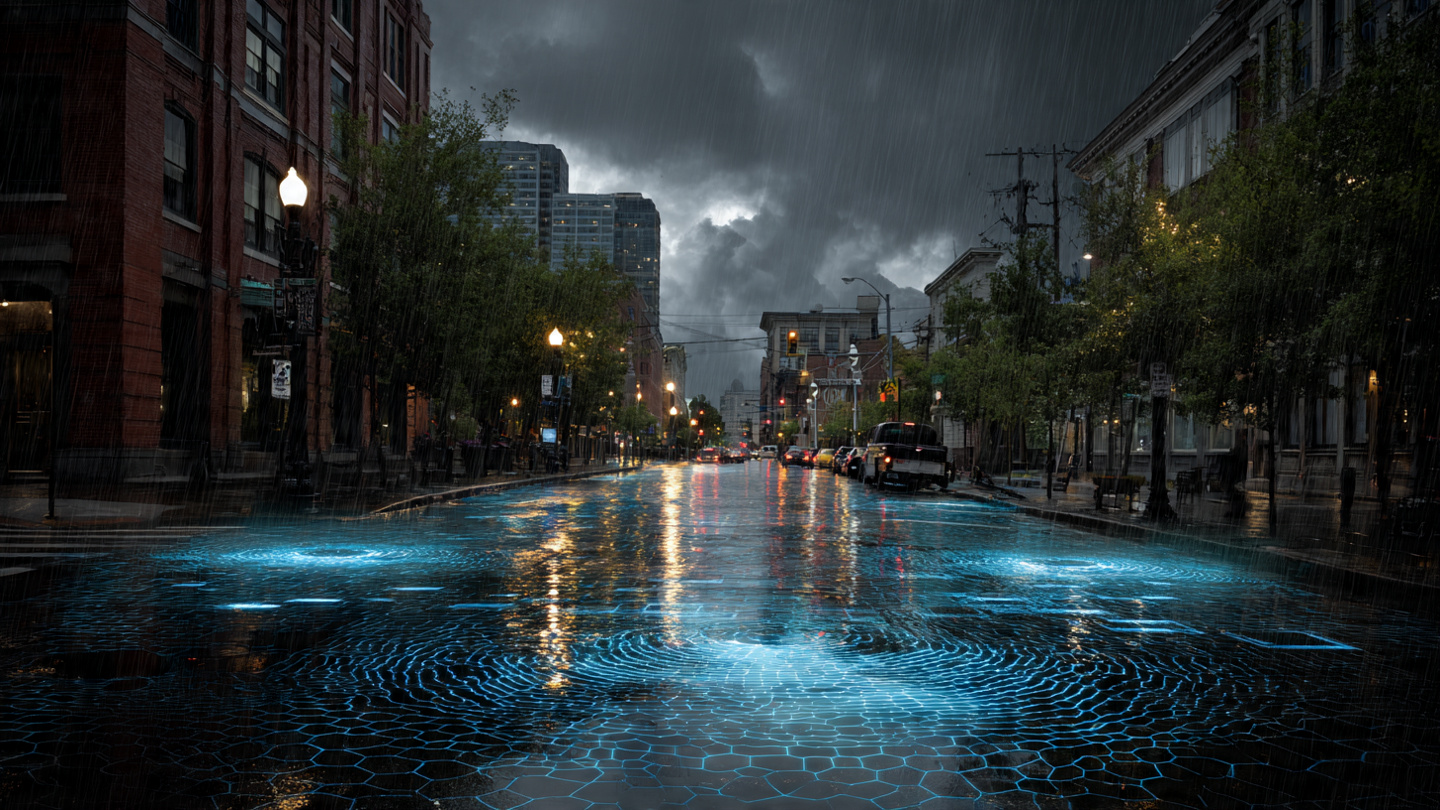 Urban street during heavy rainstorm with IoT water level sensors in storm drains and digital flood depth prediction overlay