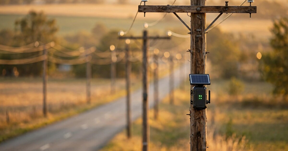 Wooden utility pole with IoT sensor node mounted at mid-height along a rural highway