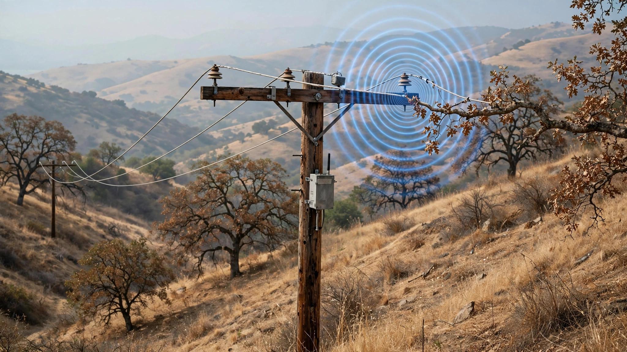 Utility distribution pole with a small RF sensor box mounted below the crossarm, a tree branch touching an overhead conductor, and blue radio wave arcs emanating from the contact point