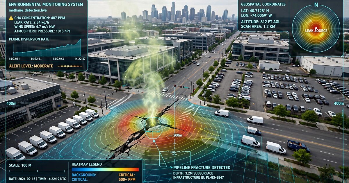Fleet vehicles driving through city streets with translucent methane plume visualizations and sensor data heatmap overlays