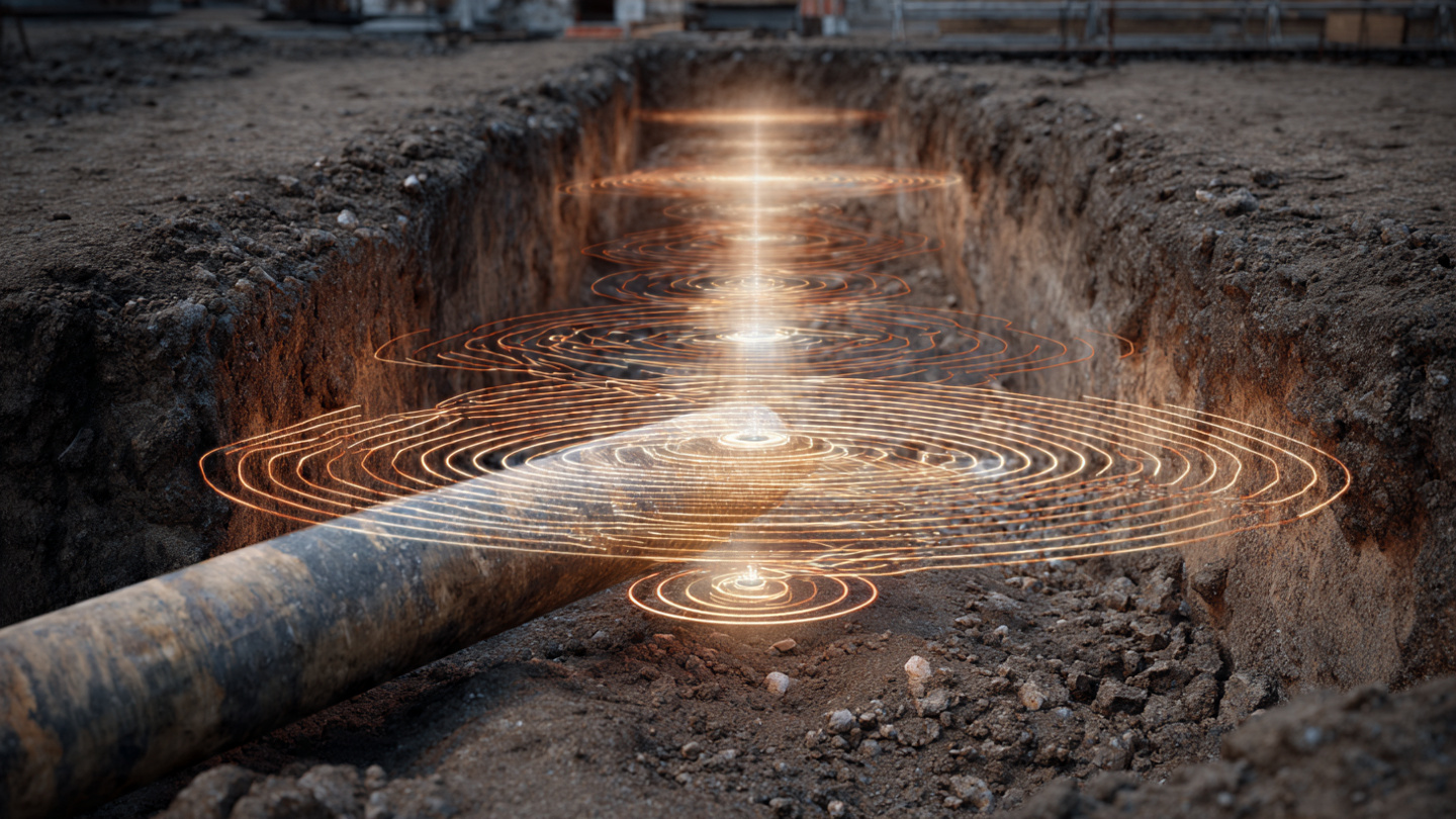 Underground water pipe cross-section with vibro-acoustic sensor arrays