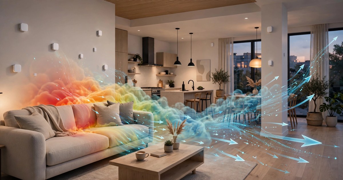 Distributed gas sensor nodes in a modern room with overlaid airflow visualization showing VOC source localization