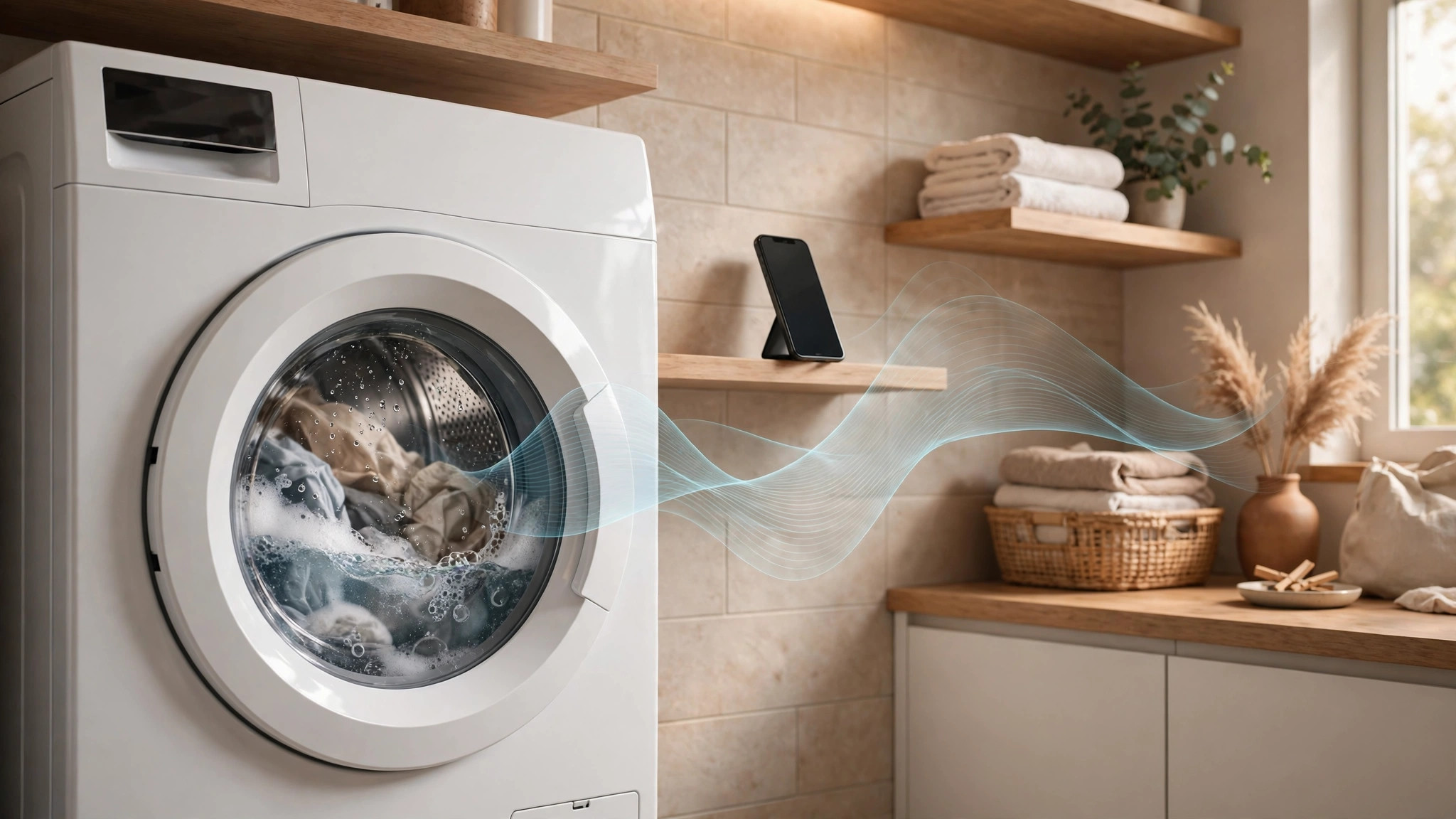 A smartphone on a laundry room shelf listens to a front-load washing machine mid-cycle, with sound waves flowing between them: passive acoustic monitoring that trends washer health without any installed sensors.