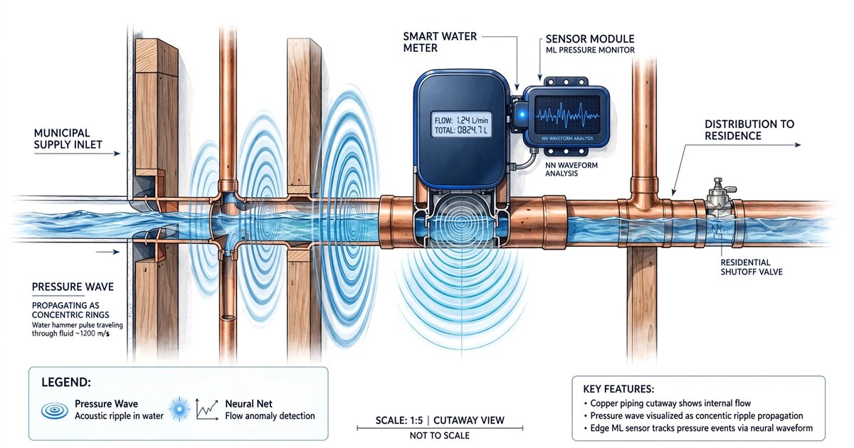 Smart water meter with pressure sensor capturing water hammer transient waveforms in residential plumbing