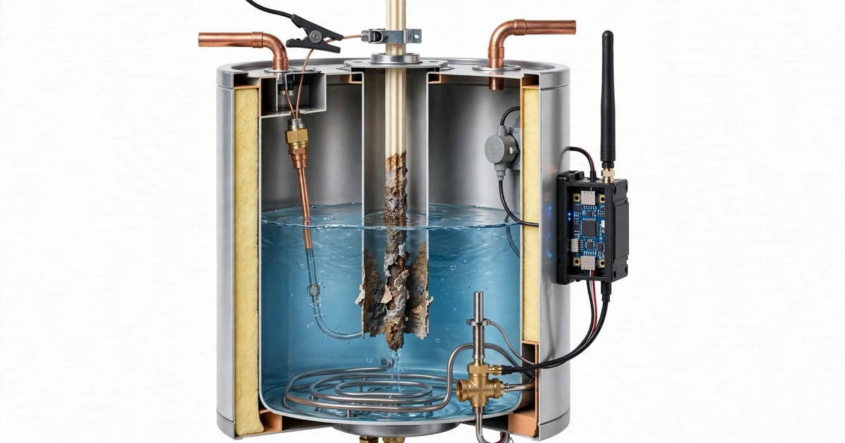Residential water heater cross-section with anode rod sensor and acoustic resonance monitor