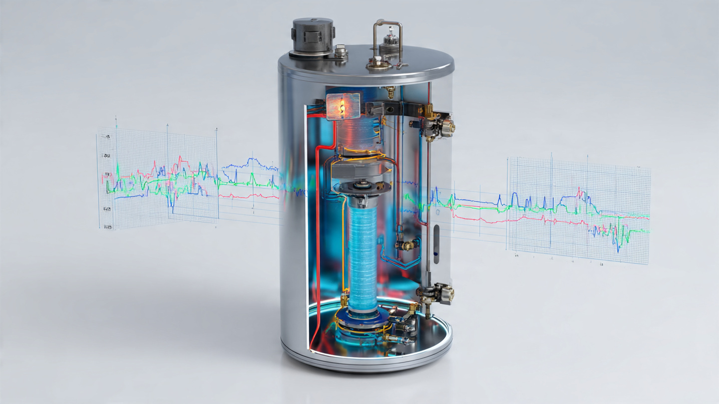 Cutaway view of residential tank water heater showing sacrificial anode rod with galvanic current flow visualization and electrochemical impedance waveforms