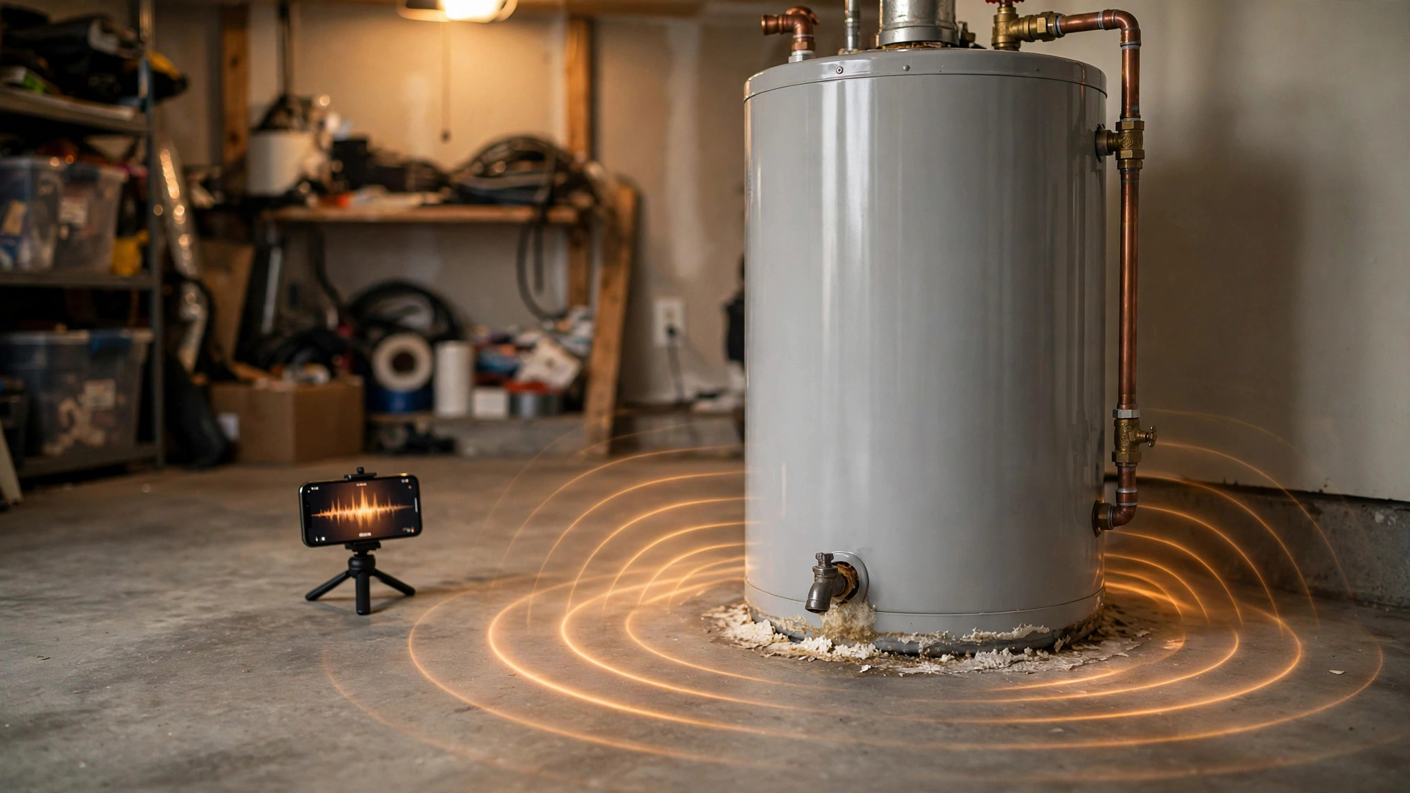 Smartphone on a tripod recording sound beside a residential water heater tank, with visualized sound waves rising from the tank base
