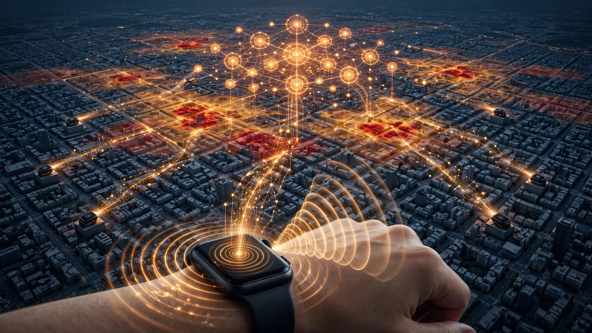 City aerial view with epidemiological heatmap overlay and wearable devices streaming cough detection data to aggregation nodes