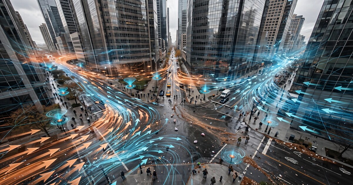 Aerial view of urban intersection with pedestrians walking amid wind gusts between skyscrapers, with digital data overlay showing wind flow vectors and speed measurements from smartwatches