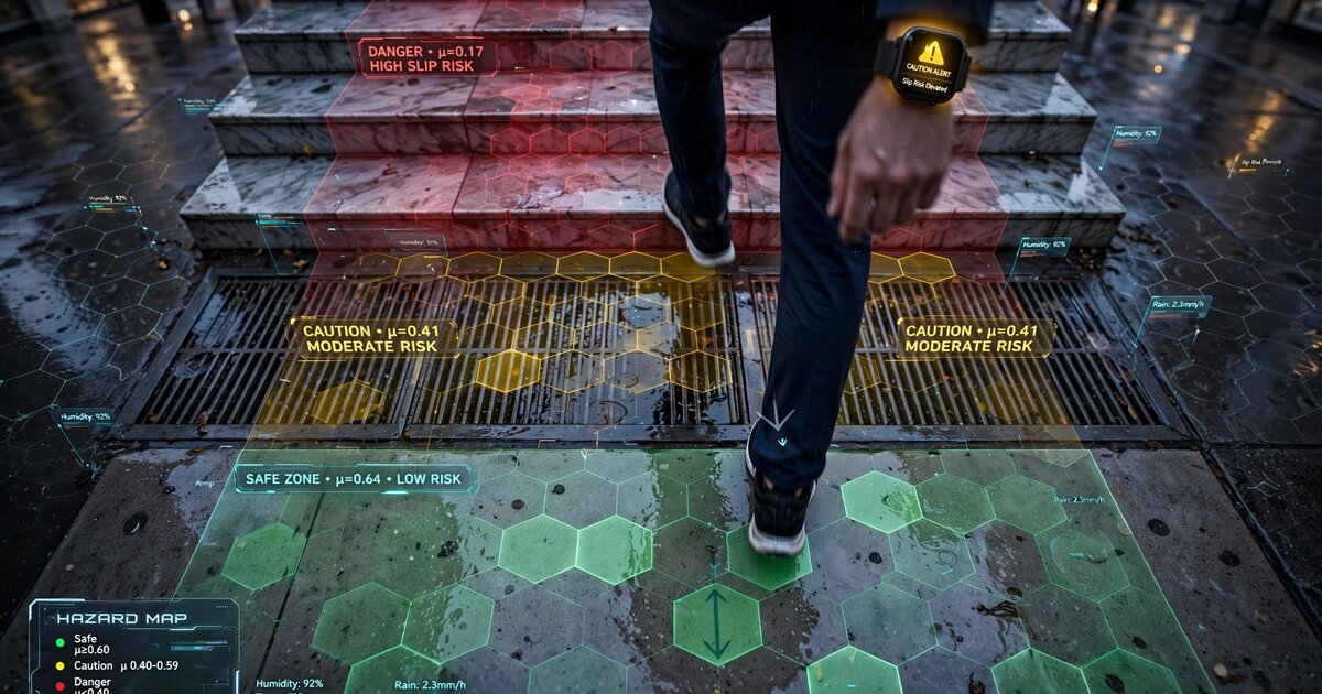 Pedestrian walking on wet urban sidewalk with smartwatch friction hazard alert and color-coded surface friction heatmap overlay