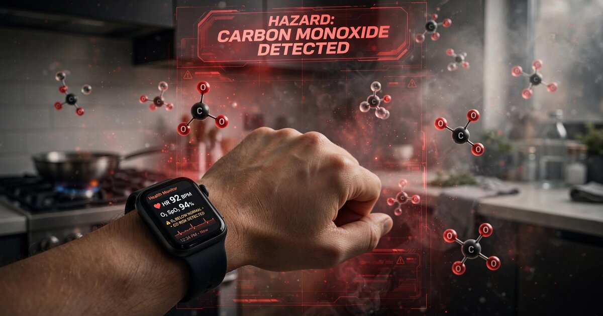 Smartwatch displaying vital signs with carbon monoxide detection alert in a residential kitchen