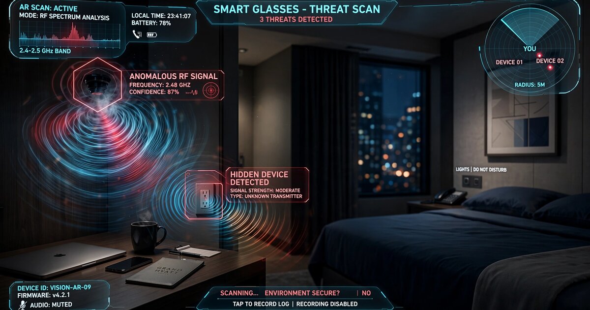 Smart glasses detecting hidden electronic devices via radio frequency emanation analysis with AR threat overlay
