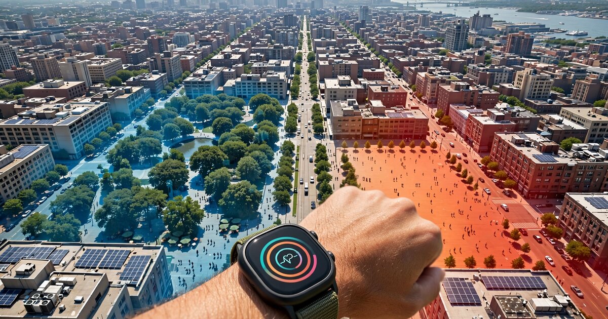 City aerial view with translucent thermal comfort heatmap overlay and smartwatch biometric data
