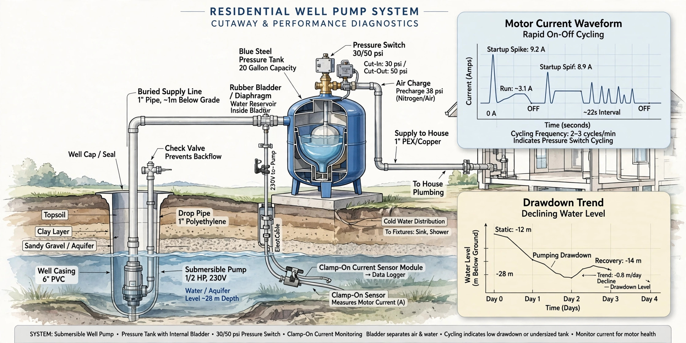 Cutaway of a residential well pressure tank with bladder, pressure switch, clamp-on current sensor, rapid motor current cycling waveforms, and a declining drawdown trend chart