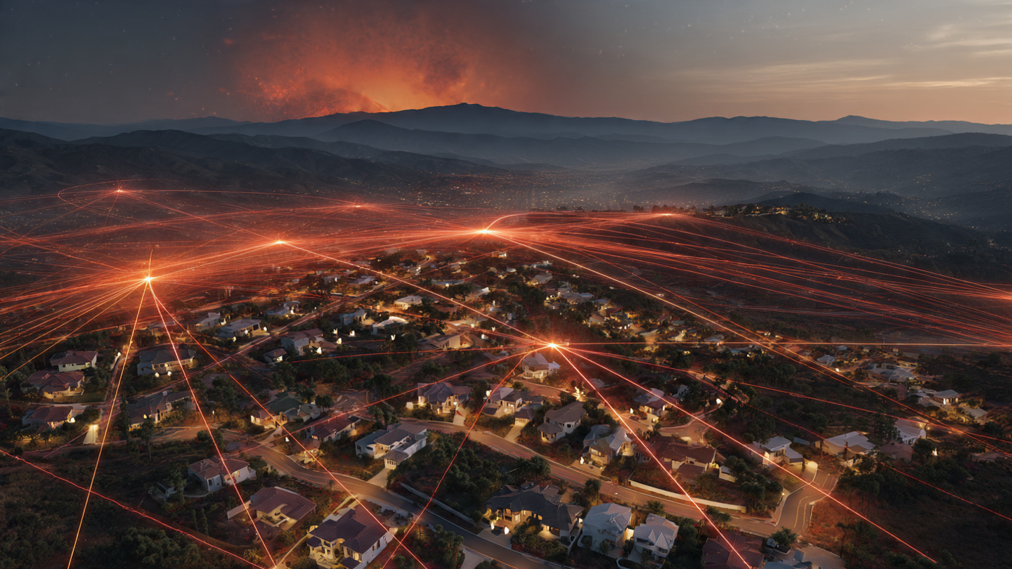 Network of weather stations overlaid on terrain showing wildfire ember trajectory predictions