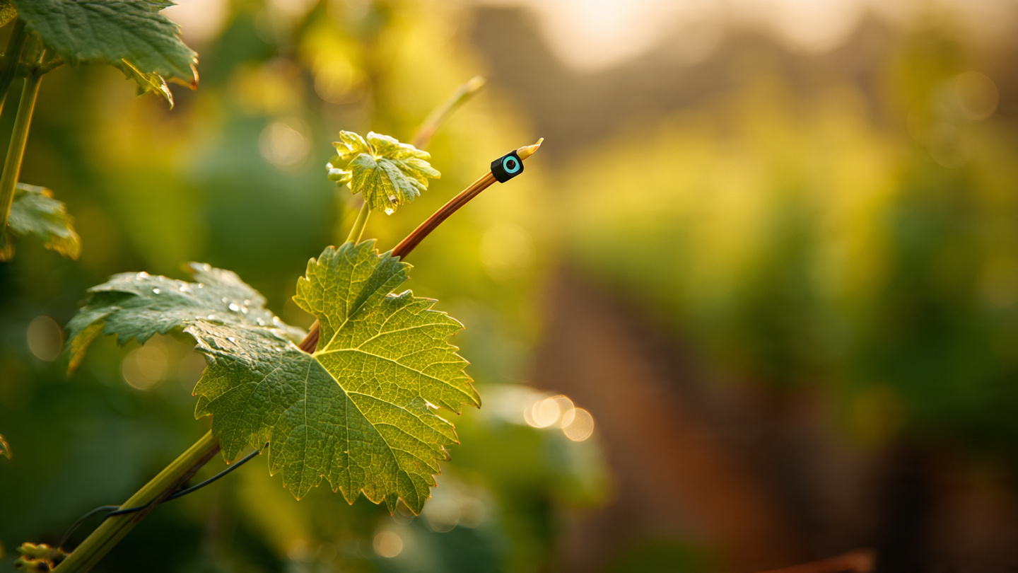 Vineyard row with ultrasonic sensor pods mounted near grapevine stems for acoustic emission monitoring