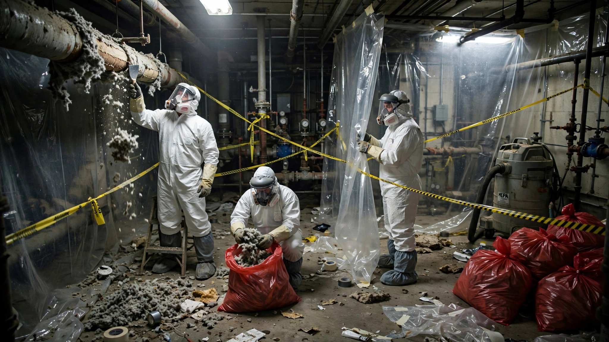 Workers in white Tyvek suits removing asbestos pipe insulation inside a commercial building mechanical room