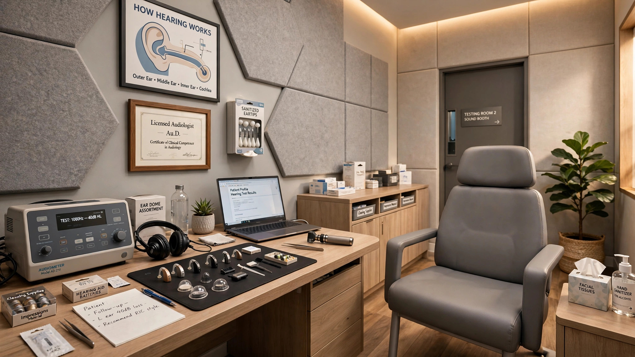 Interior of an independent audiology clinic with hearing aid devices and professional equipment