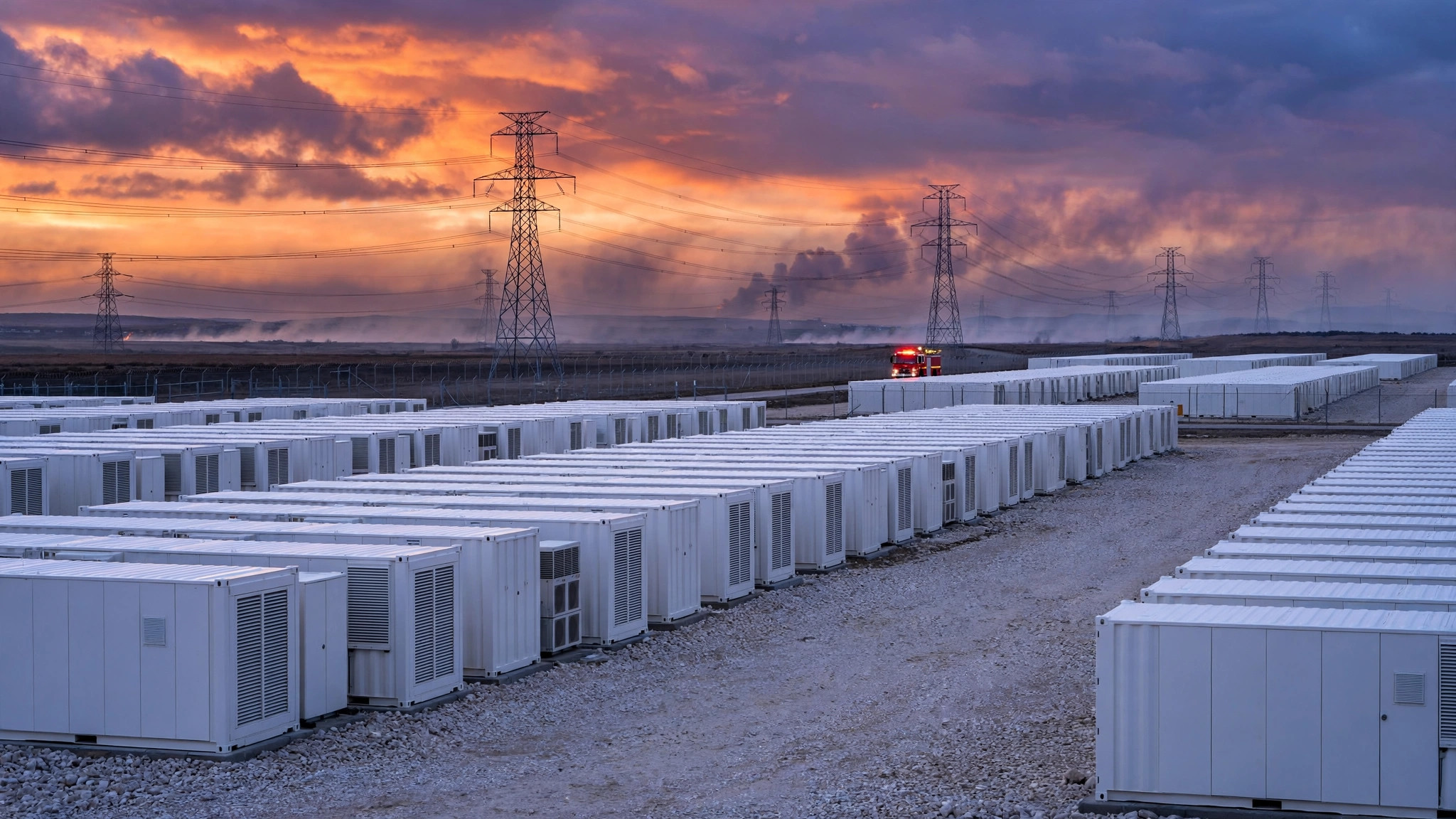 Rows of white utility-scale battery storage containers at dusk with transmission towers behind them, a faint smoke haze on the horizon, and a fire engine near the fence line