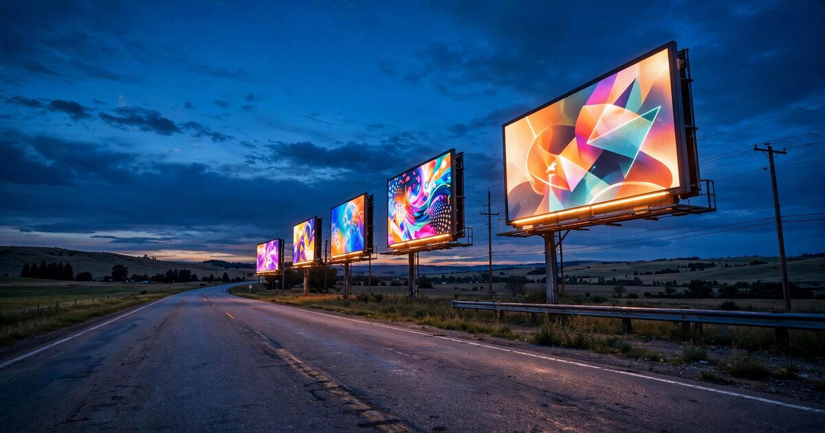 Row of illuminated digital billboards along a highway at dusk glowing against a deep blue twilight sky