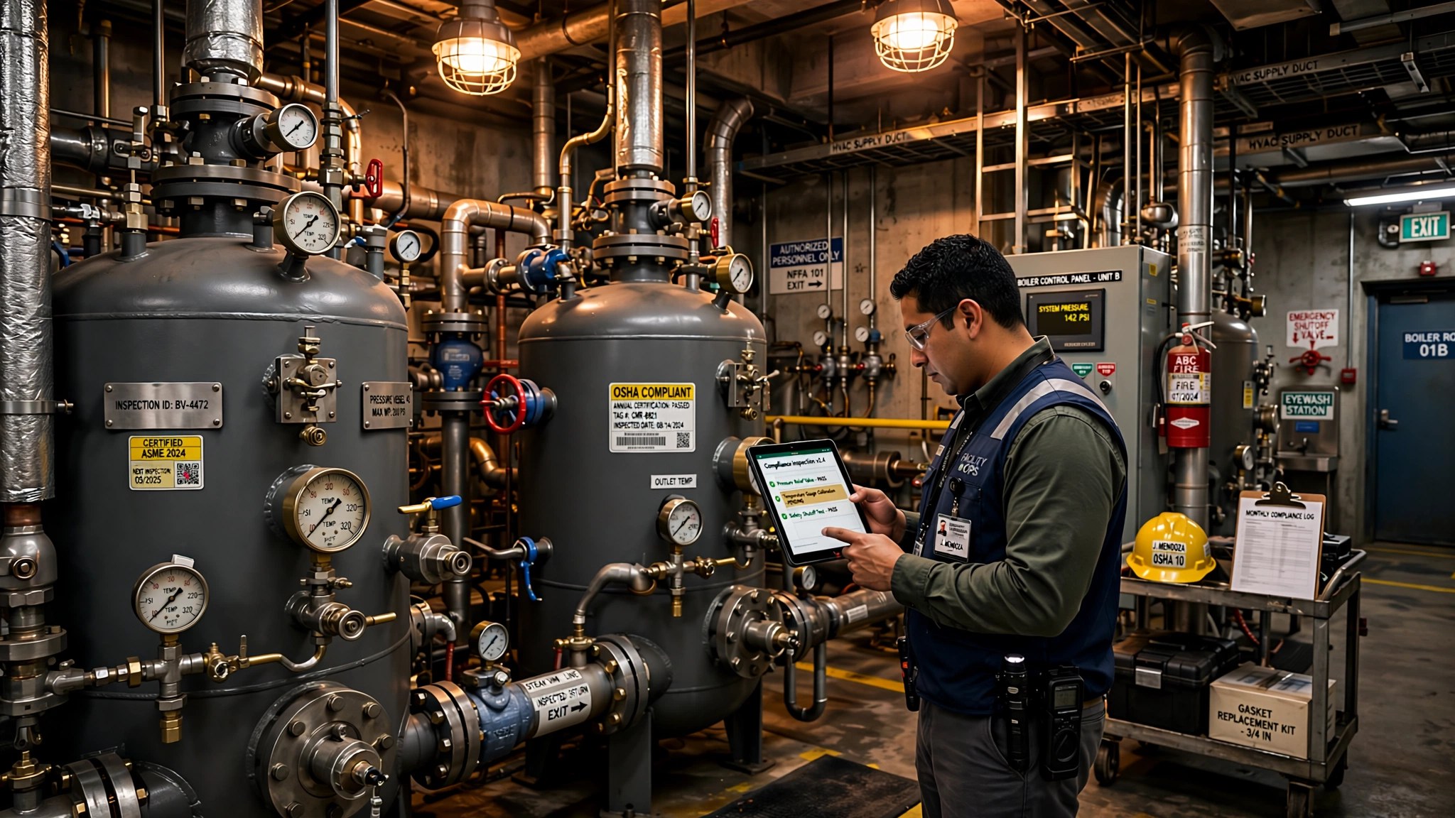Commercial boiler room with large steel pressure vessels and inspection gauges