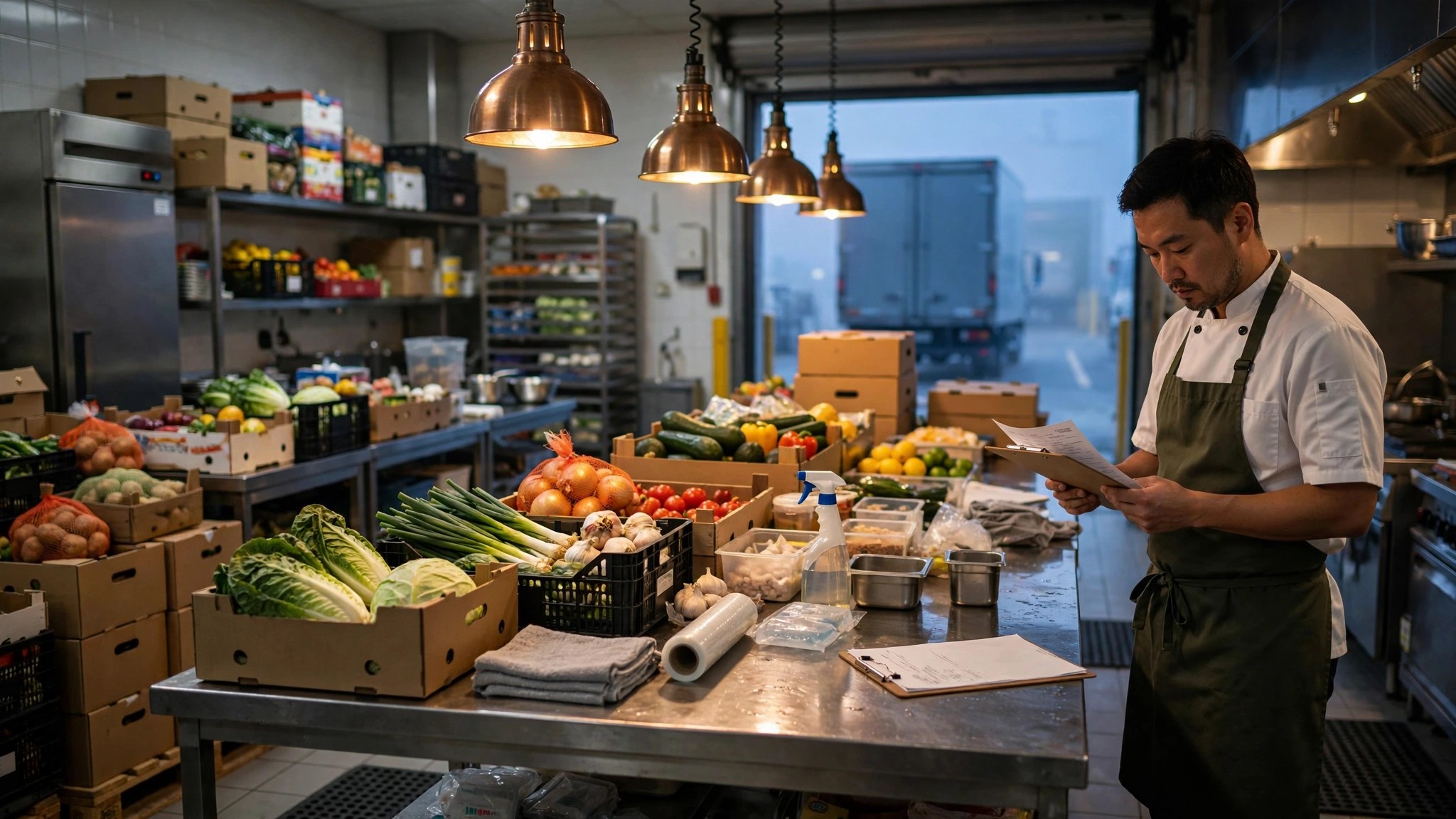 Restaurant kitchen loading dock at dawn with stacked food supply cases and delivery invoices