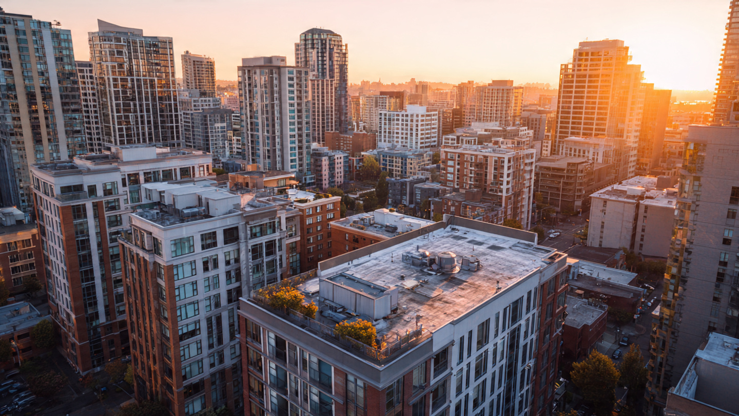 Aerial view of mid-rise commercial buildings at golden hour with rooftop HVAC equipment visible