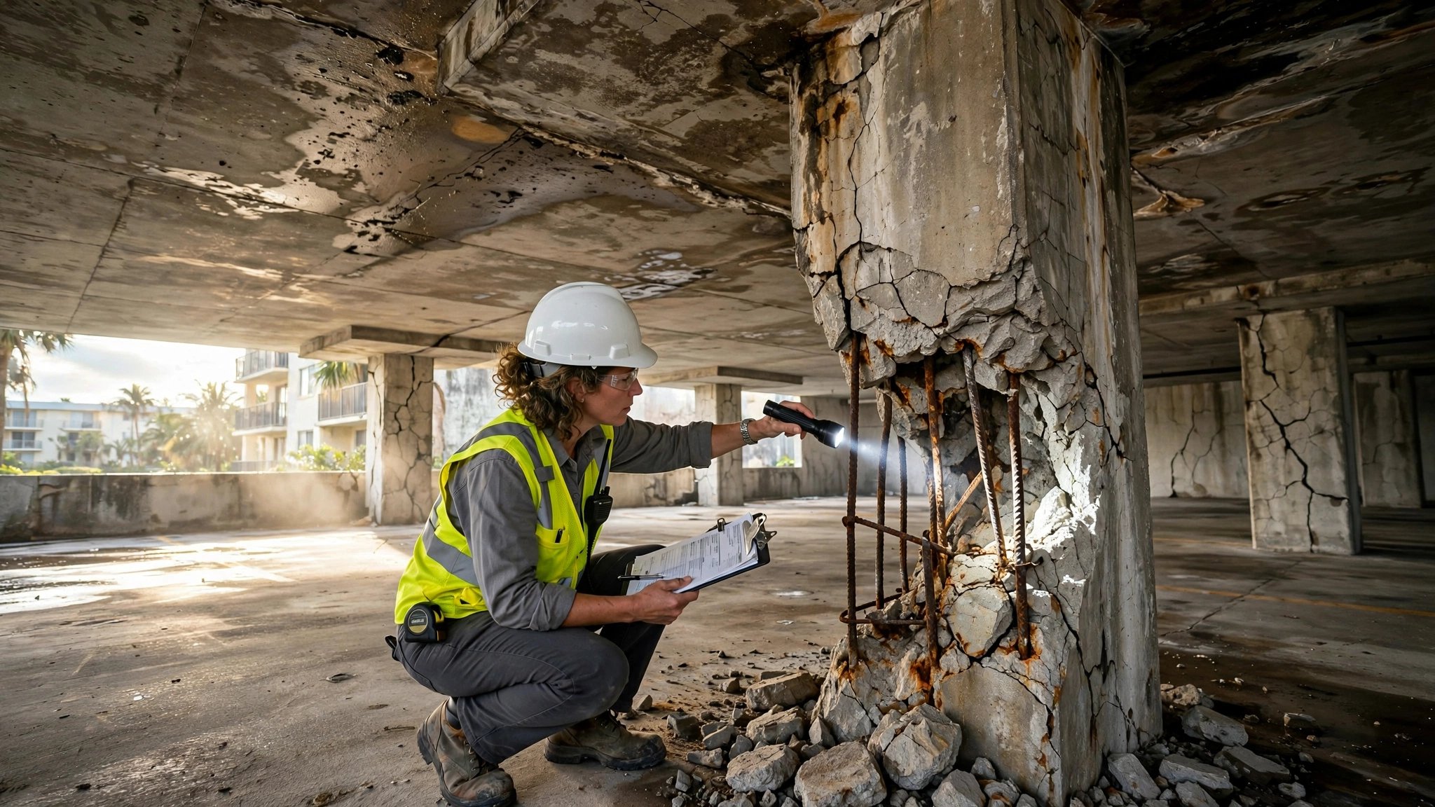 Structural engineer in hard hat inspecting cracked concrete columns with exposed rebar beneath an aging Florida condominium parking structure